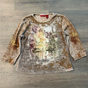 Y2K 2000s Vintage Style Paris France Rhinestone Long Sleeve Multicolor Shirt